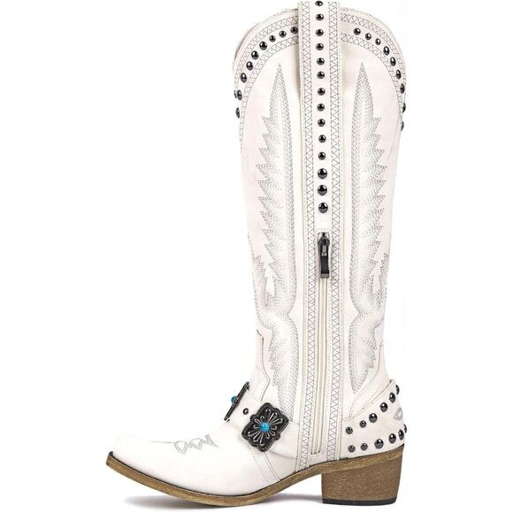 Women's White Knee High Western Cowgirl Boots with Embroidery Belt Buckle - Picture 5 of 5